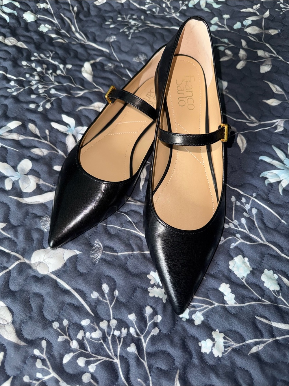 Franco Sarto Black Pointed Mary Jane Flats with Gold Buckle